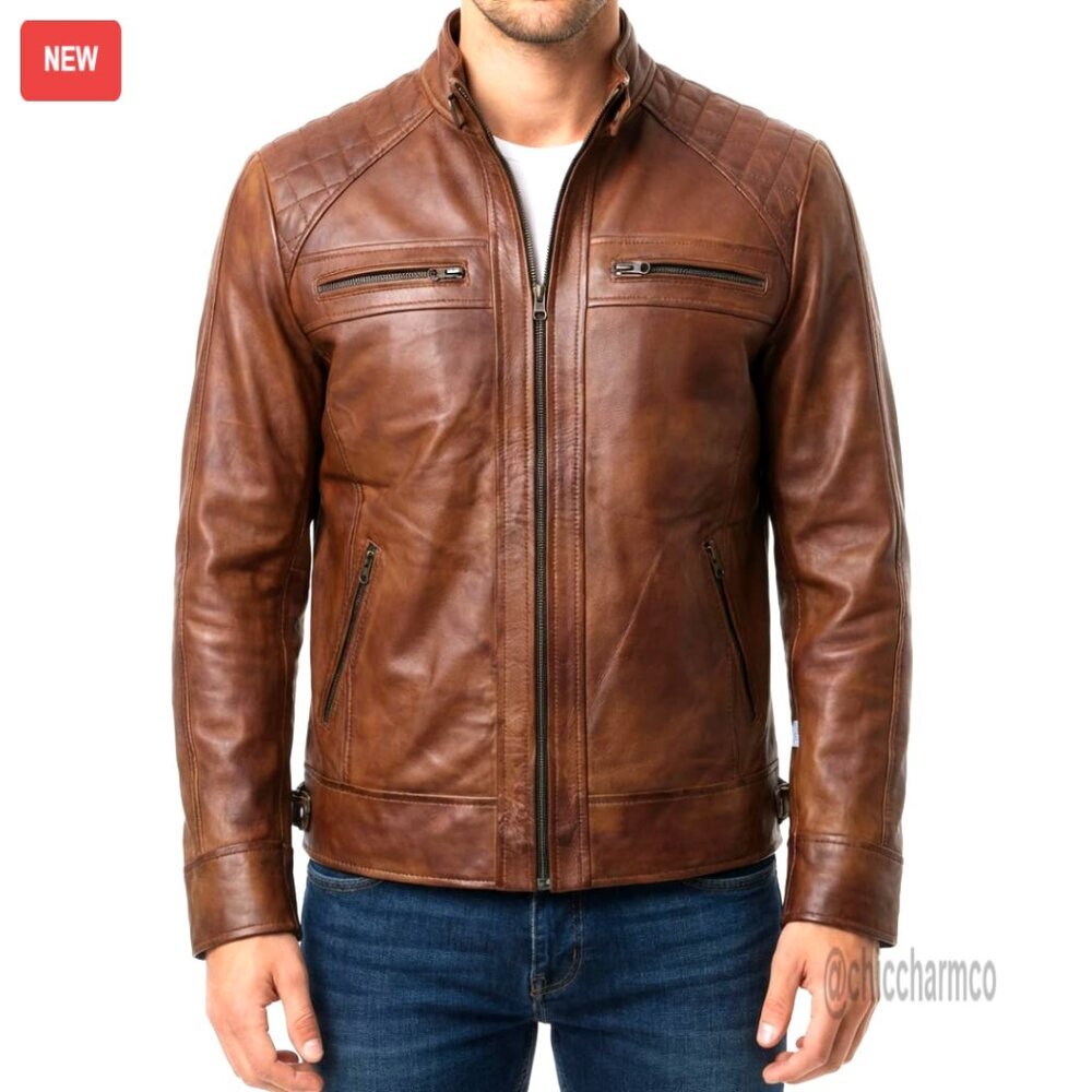 Vintage Lambskin Leather Biker Jacket with Multiple Pockets
